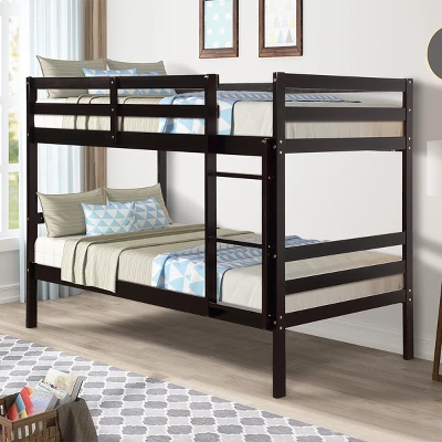 Costway Twin Over Twin Wood Bunk Beds Ladder Safety Rail EspressoWhite 9 Costway Twin Over Twin Wood Bunk Beds Ladder Safety Rail EspressoWhite - Image 7