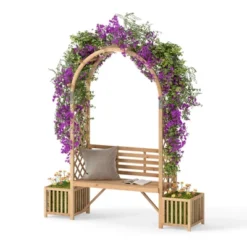 Costway Garden Bench Arbor Arch With Love Seat 2 Trellises & Planting Box To Grow Grapes -Costway GUEST 385bfa68 ff82 439d abb6 889809596619