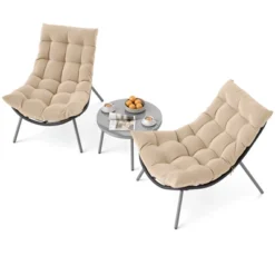 Costway 3 PCS Patio Furniture Set With Cushioned Papasan Chairs Tempered Glass Coffee Table Gray/Brown