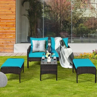 Costway 5 PCS Patio Rattan Furniture Set Sofa Ottoman Table Cushioned Turquoise 3 Costway 5 PCS Patio Rattan Furniture Set Sofa Ottoman Table Cushioned Turquoise