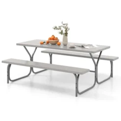 Costway 6 FT Picnic Table Bench Set Outdoor Dining Table & 2 Benches With Metal Frame Green/White/Black/Grey -Costway GUEST 39dc9b49 36c4 4396 9d15 eead12b3dff8