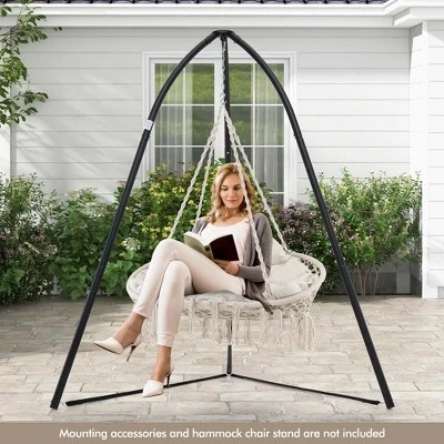 Costway Swing Chair Hand-Woven Rope Hanging Chair With Thick Cushion & Folding Metal Frame 5 Costway Swing Chair Hand-Woven Rope Hanging Chair With Thick Cushion & Folding Metal Frame - Image 3