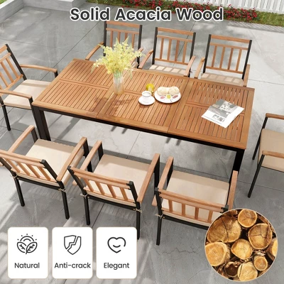 Costway 9 PCS Outdoor Dining Table & Chairs Set Table With Acacia Wood Top Umbrella Hole 8 Costway 9 PCS Outdoor Dining Table & Chairs Set Table With Acacia Wood Top Umbrella Hole - Image 6