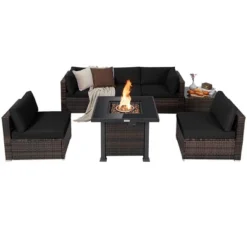 Costway 7PCS Patio Rattan Furniture Set Fire Pit Table Cover Glass Top Cushion Off WhiteBlackNavyRedTurquoise