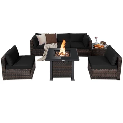 Costway 7PCS Patio Rattan Furniture Set Fire Pit Table Cover Glass Top Cushion Off WhiteBlackNavyRedTurquoise 3 Costway 7PCS Patio Rattan Furniture Set Fire Pit Table Cover Glass Top Cushion Off WhiteBlackNavyRedTurquoise