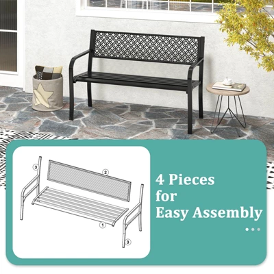Costway 50" Outdoor Garden Bench With Geometric Lattice Backrest Armrests And Slatted Seat Black/Gray 11 Costway 50" Outdoor Garden Bench With Geometric Lattice Backrest Armrests And Slatted Seat Black/Gray - Image 9