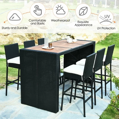 COSTWAY 7 PCS Patio Rattan Wicker Bar Dining Furniture Set Wood Table Top 6 Stools 7 COSTWAY 7 PCS Patio Rattan Wicker Bar Dining Furniture Set Wood Table Top 6 Stools - Image 5