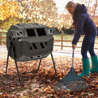 Costway Tumbling Composter 40 Gallon Garden Rotating Compost Bin With Dual Chamber Black/Green 6 Costway Tumbling Composter 40 Gallon Garden Rotating Compost Bin With Dual Chamber Black/Green - Image 4