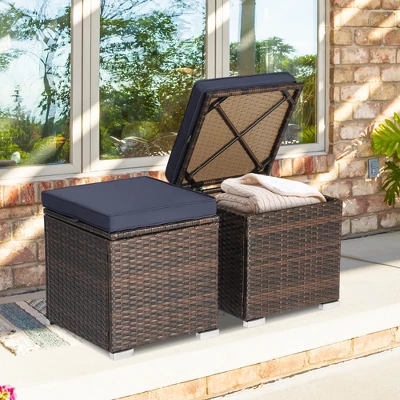 Costway 2PCS Patio Rattan Ottomans Seat Side Table Storage Box Footstool W/Cushions Navy 4 Costway 2PCS Patio Rattan Ottomans Seat Side Table Storage Box Footstool W/Cushions Navy - Image 2
