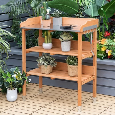 Costway Garden Wooden Potting Bench Work Station Table Tool Storage Shelf W/Hook 3 Costway Garden Wooden Potting Bench Work Station Table Tool Storage Shelf W/Hook