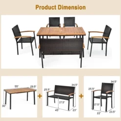 Costway 6 PCS Patio Rattan Dining Set Acacia Wood Table Stackable Chair Bench