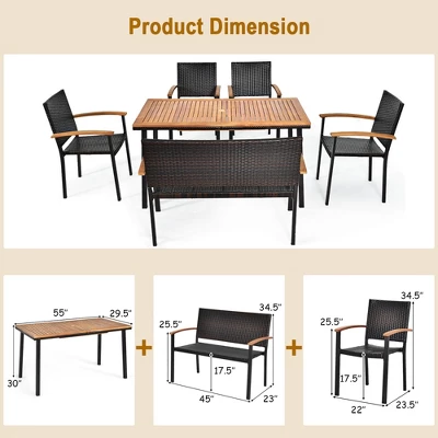 Costway 6 PCS Patio Rattan Dining Set Acacia Wood Table Stackable Chair Bench 3 Costway 6 PCS Patio Rattan Dining Set Acacia Wood Table Stackable Chair Bench