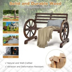 Costway Outdoor Wooden Wagon Wheel Garden Bench 2-Person Slatted Seat Armrests Rustic -Costway GUEST 3fd4cab9 a4e2 449d ad93 525cbd0718f9