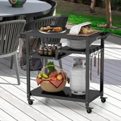 Costway Rolling Grill Cart 3-Shelf BBQ Table Pizza Oven Stand With Trash Bag Holder & Hooks