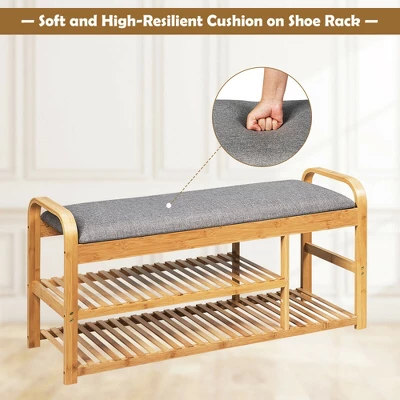 Costway Shoe Rack Entryway 3-Tier Bamboo Shoe Bench Organizer W/Cushion Modern Stool 8 Costway Shoe Rack Entryway 3-Tier Bamboo Shoe Bench Organizer W/Cushion Modern Stool - Image 6