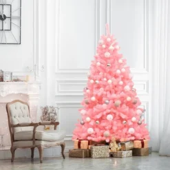 Costway 6Ft Hinged Artificial Christmas Tree Full Fir Tree New PVC W/ Metal Stand Pink