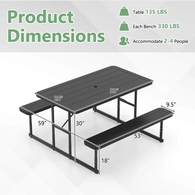 Costway Picnic Table Bench Set For 2-4 People Outdoor Rectangular Camping Dining Table Black/Gray/Green/White 4 Costway Picnic Table Bench Set For 2-4 People Outdoor Rectangular Camping Dining Table Black/Gray/Green/White - Image 2