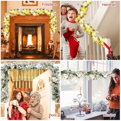 Costway 9ft Pre-lit Snowy Christmas Garland W/ Berries Poinsettia Flowers Timer 7 Costway 9ft Pre-lit Snowy Christmas Garland W/ Berries Poinsettia Flowers Timer - Image 5