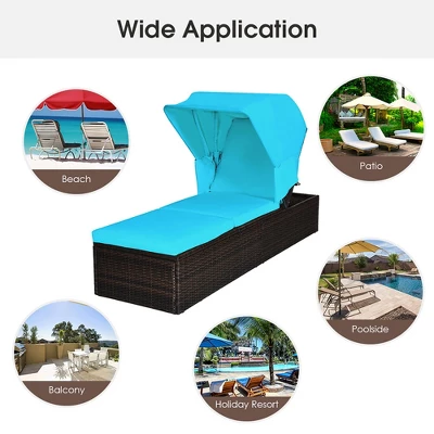 Costway Patio Rattan Lounge Chair Chaise Cushioned Top Canopy Adjustable Turquoise 5 Costway Patio Rattan Lounge Chair Chaise Cushioned Top Canopy Adjustable Turquoise - Image 3