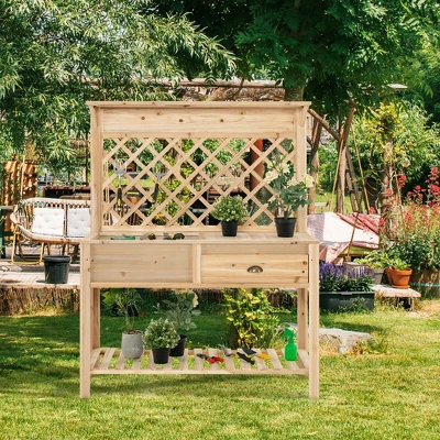 Costway Wood Raised Garden Bed W/ Trellis Elevated Planter Box W/ Storage Shelf And Drawer 4 Costway Wood Raised Garden Bed W/ Trellis Elevated Planter Box W/ Storage Shelf And Drawer - Image 2