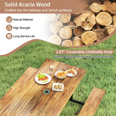 Costway 6-Person Acacia Wood Picnic Table With 2 Built-In Benches Umbrella Hole Metal Frame 6 Costway 6-Person Acacia Wood Picnic Table With 2 Built-In Benches Umbrella Hole Metal Frame - Image 4