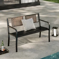 Costway 50" Outdoor Metal Park Bench With Rattan-Like Backrest & Curved Armrests -Costway GUEST 442e9f10 5981 45b2 8828 d9be3b4b1309