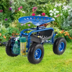 Costway Garden Cart Patio Wagon Rolling Work Seat With Tool Tray Basket Planting Blue/Red/Green
