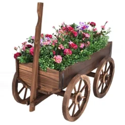Costway Wood Wagon Flower Planter Pot Stand Garden W/Wheels