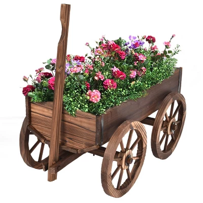 Costway Wood Wagon Flower Planter Pot Stand Garden W/Wheels 3 Costway Wood Wagon Flower Planter Pot Stand Garden W/Wheels