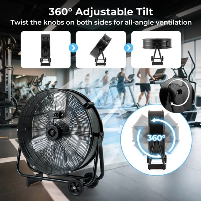 Costway 24 Inch Industrial Drum Fan With 3 Speeds 360° Adjustable Tilt & 2 Wheels For Garage Warehouse Factory 7 Costway 24 Inch Industrial Drum Fan With 3 Speeds 360° Adjustable Tilt & 2 Wheels For Garage Warehouse Factory - Image 5