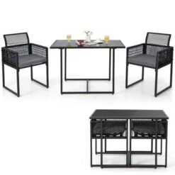 Costway 3 PCS Patio PE Wicker Furniture Set Cushioned Chairs With Folding Backrest Backyard Black/White