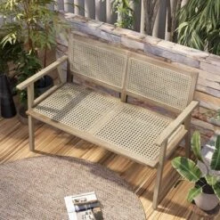Costway Indonesia Teak Wood Garden Bench 2-Person Bench With Armrests Natural Rattan Backrest & Seat 17 Costway Indonesia Teak Wood Garden Bench 2-Person Bench With Armrests Natural Rattan Backrest & Seat -Costway GUEST 45de7df1 4a31 433b 9b1b 4abe1befba8f