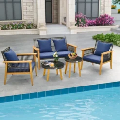 Costway 5PCS Outdoor Rattan Woven Conversation Set Stable Acacia Wood Frame For Backyard Navy/Beige -Costway GUEST 46904de7 28d5 4366 aff7 097cfd58c82e