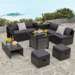 Costway 9 Pieces Patio Furniture Set With 50,000 BTU Propane Fire Pit Table Black/Gray/Navy/Red/White/Turquoise -Costway GUEST 46cbed92 cf83 40fc b205 48e1dc0d9747