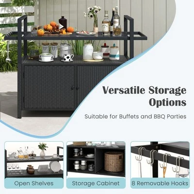 Costway Outdoor Bar Cart With Tempered Glass Top Storage Cabinet & 8 Hooks For Porch 9 Costway Outdoor Bar Cart With Tempered Glass Top Storage Cabinet & 8 Hooks For Porch - Image 7
