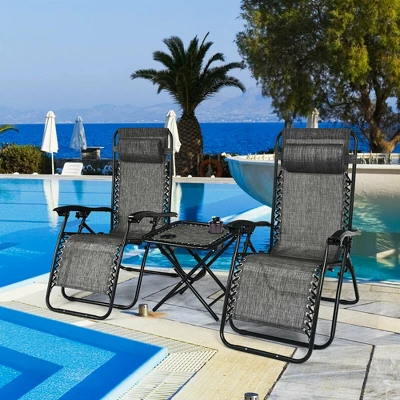 Costway 3PCS Zero Gravity Recliner Lounge Chairs Pillows Table Portable Folding Grey 4 Costway 3PCS Zero Gravity Recliner Lounge Chairs Pillows Table Portable Folding Grey - Image 2