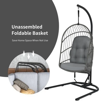 Costway Hanging Wicker Egg Chair W/ Stand Cushion Foldable Outdoor Indoor 6 Costway Hanging Wicker Egg Chair W/ Stand Cushion Foldable Outdoor Indoor - Image 4