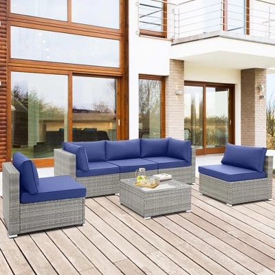 Costway 6 PCS Patio Conversation Sofa Set Outdoor Rattan Furniture Cushioned Seat Navy 4 Costway 6 PCS Patio Conversation Sofa Set Outdoor Rattan Furniture Cushioned Seat Navy - Image 2