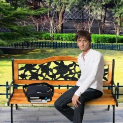 Patio Park Garden Bench Porch Path Chair Furniture Cast Iron Hardwood -Costway GUEST 499d2d28 bfb7 4687 8bf5 8fb7c74de4c4