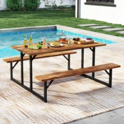 Costway 6-Person Acacia Wood Picnic Table With 2 Built-In Benches Umbrella Hole Metal Frame 18 Costway 6-Person Acacia Wood Picnic Table With 2 Built-In Benches Umbrella Hole Metal Frame -Costway GUEST 4a2167c4 ef8d 44a9 a974 6031bf6ca55f