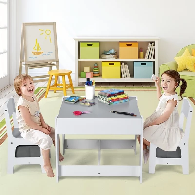 Costway Kids Table Chairs Set With Storage Boxes Blackboard Whiteboard Drawing GreyNature 5 Costway Kids Table Chairs Set With Storage Boxes Blackboard Whiteboard Drawing GreyNature - Image 3