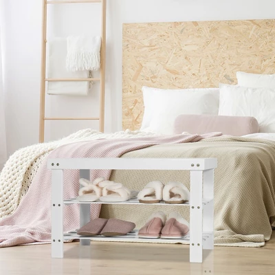 Costway Bamboo Shoe Rack Bench 3-Tier Storage Shelf Holder Home Entryway Hallway White 9 Costway Bamboo Shoe Rack Bench 3-Tier Storage Shelf Holder Home Entryway Hallway White - Image 7