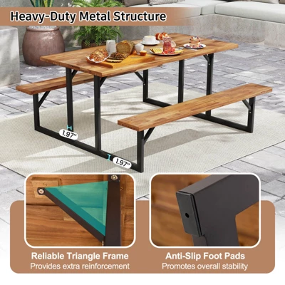 Costway 6-Person Acacia Wood Picnic Table With 2 Built-In Benches Umbrella Hole Metal Frame 5 Costway 6-Person Acacia Wood Picnic Table With 2 Built-In Benches Umbrella Hole Metal Frame - Image 3
