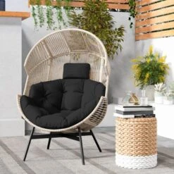 Costway Oversized Egg Style Chair With Cushions & Headrest Heavy-Duty Metal Frame For Yard Off White/Grey/Black -Costway GUEST 4bf44a68 b628 4d6f 8430 51119a701103