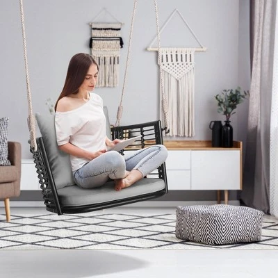 Costway Patio Hanging Rattan Basket Chair Swing Hammock Chair With Seat Cushion Navy/Grey/Beige 5 Costway Patio Hanging Rattan Basket Chair Swing Hammock Chair With Seat Cushion Navy/Grey/Beige - Image 3