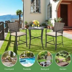 3PCS Patio Rattan Bar Furniture Set Slat Table 2 Cushioned Stools Poolside Gray -Costway GUEST 4c5c4277 a415 433c 96f6 1bd8e3117d9d