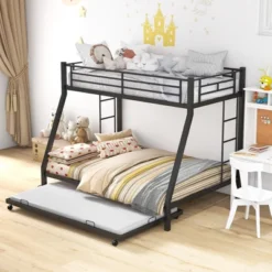 Costway Twin Over Full Metal Bunk Bed With Trundle Slats Support For Teens Adults Black