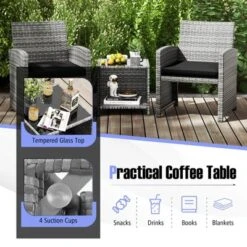 Costway 3 PCS Patio Furniture Set With Tempered Glass Coffee Table & Soft Seat Cushions Gray/Black/White -Costway GUEST 4ca9d80d d0f7 47ed 9650 0ebe50503e4f