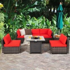 Costway 7PCS Patio Rattan Furniture Set 30'' Fire Pit Table Cover Cushion Sofa Off WhiteBlackNavyRedTurquoise -Costway GUEST 4cb6b74e 7a94 4fa9 afc8 3ca611bb71cd