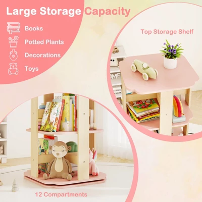 Costway 360° Spinning 3-Tier Kids Book Shelf Tower With 12 Sectors Cute Square Book Stand 8 Costway 360° Spinning 3-Tier Kids Book Shelf Tower With 12 Sectors Cute Square Book Stand - Image 6